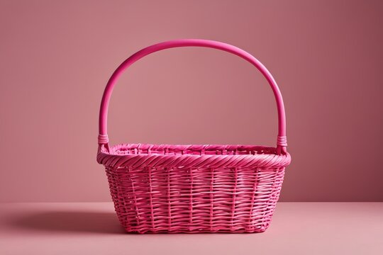 pink wicker basket with handle on pink background