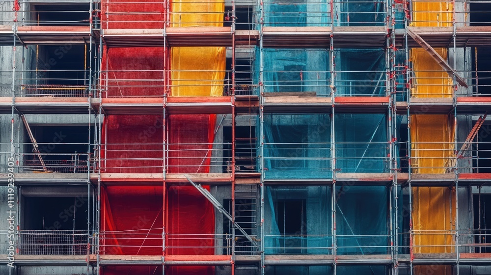 Poster side view of a building under construction, entirely enveloped in scaffolding and protective barrier