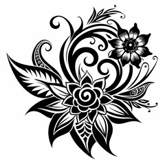 abstract floral design, black and white, symmetrical pattern, stylized flowers, elegant swirls, graphic elements, artistic motif, minimalist décor, botanical theme, modern illustration