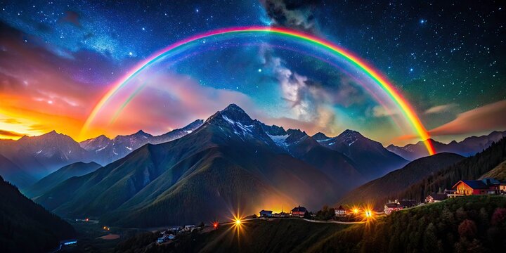 Stunning Night Photography of Rainbow Silhouette Over Rosa Khutor Mountains, Capturing Vibrant Colors and Majestic Landscape in Serene Night Sky