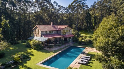 Stone house with pool, nestled in lush green forest.