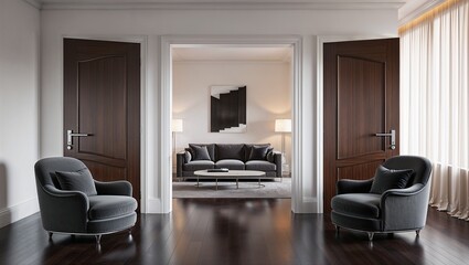Fototapeta premium Modern living room interior with door and armchairs 3d rendering