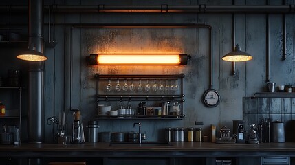 A wall-mounted industrial pipe lamp with glowing tube lights, creating a warm ambiance in a modern industrial kitchen with dark metal finishes and rustic wooden elements, cinematic lighting,