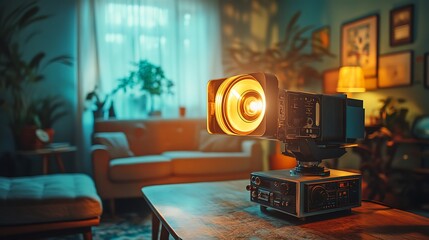 A vintage-inspired film projector lamp casting soft light on a retro coffee table, set in a living...