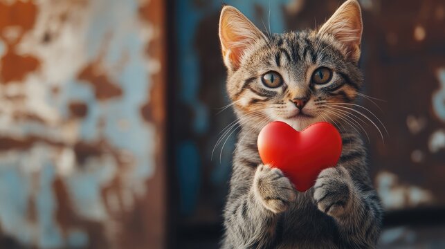 Valentines Day concept captured with a humorous cat holding a red heart in its paw. This engaging Valentines Day image includes selective focus and ample copy space.