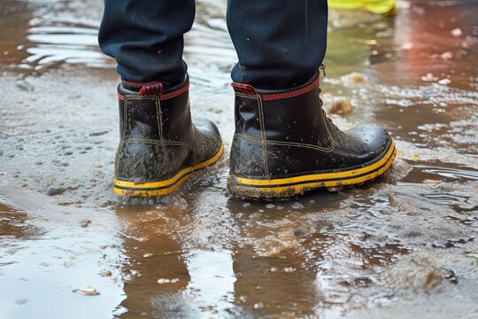 Accidental Flood: Adult in Rubber Boots Standing on Wet Carpet Indoors, Cropped Image in Daylight