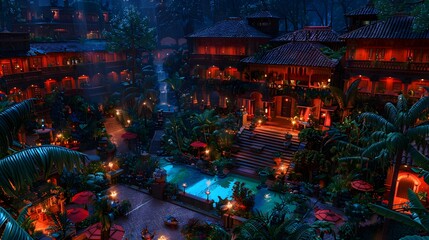 Night view of a lush tropical resort with pools and walkways.