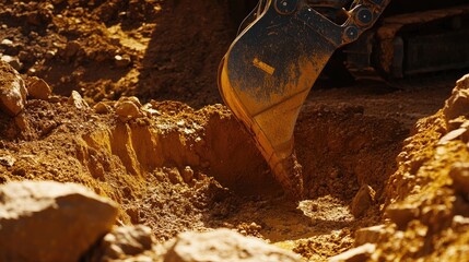 Artistic industrial photography captures an excavator bucket digging a trench in yellow clay, with distinctive isolated shadows and surrounding boulders, ideal for various applications.
