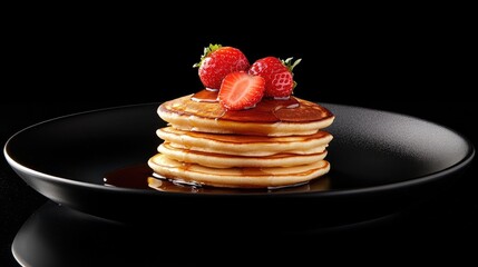 Delicious pancakes with strawberries and syrup arranged on a sleek black plate, capturing the essence of a mouthwatering breakfast. Perfect for food photography with ample copy space.