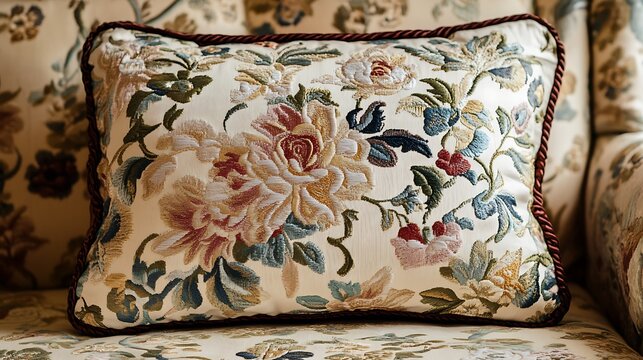 A pillow with a floral design sits on a couch