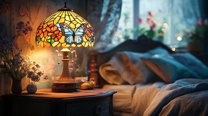 A whimsical stained glass lamp with butterfly and floral motifs, glowing softly on a rustic wooden nightstand in a cozy bedroom with neutral tones and soft ambient lighting, ultra-realistic details,