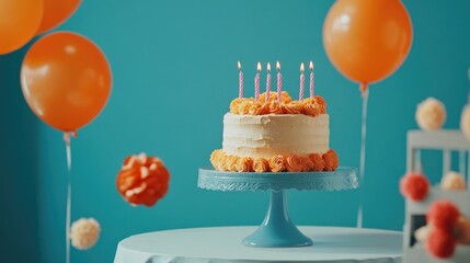 Vibrant orange birthday decorations create a festive atmosphere against a blue background, perfect for celebrating special occasions with added photo style and ample copy space.