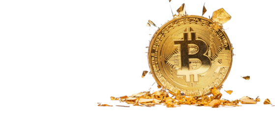 Golden Bitcoin symbol with shattered background. transparent background