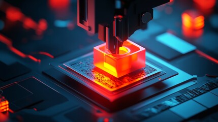 Close-up of robotic arm installing a glowing red chip onto a circuit board.