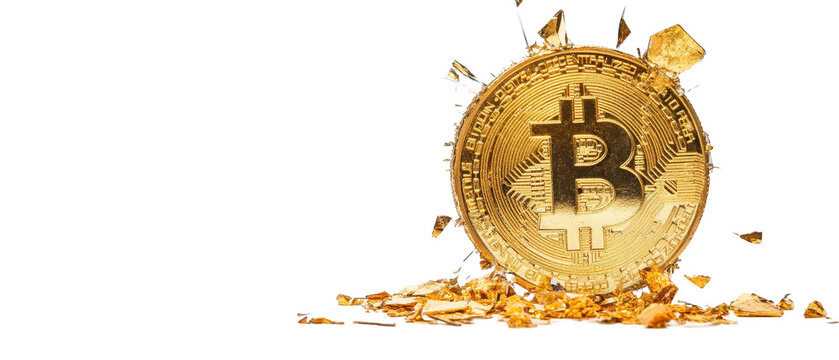 Golden Bitcoin symbol with shattered background. transparent background