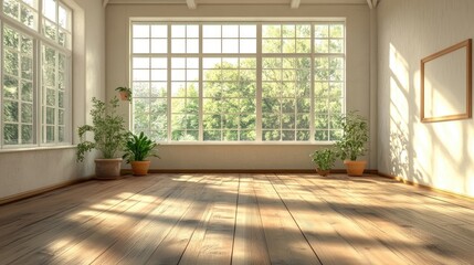 Obraz premium Spacious interior panorama characterized by wooden floors, large windows, and ample photo style copy space ideal for artwork placement. Spacious interior highlights room for creativity.
