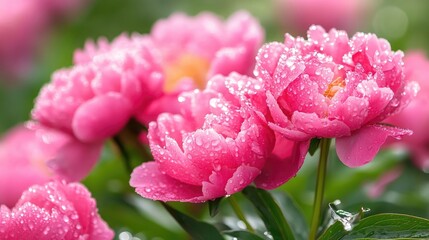 Obraz premium Vibrant pink peony flowers adorned with water droplets create a stunning spring background. The enchanting beauty of pink peony flowers is enhanced by the soft focus and copy space.