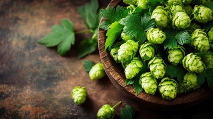 Wooden bowl filled with fresh green hops, highlighting lush leaves and cones. The vibrant green hops create a natural composition with ample space for text or branding.
