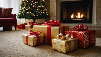 Christmas Cheer: A warm and inviting living room scene with a beautifully decorated Christmas tree, a crackling fireplace, and presents wrapped in festive gold and red paper.
