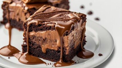Brownie piece with melted chocolate cream isolated on white background