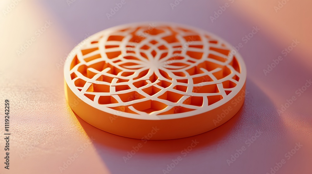 Poster orange circular design with intricate cutout pattern.
