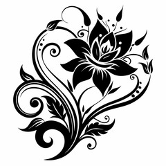 ornamental floral design, black and white illustration, swirling patterns, elegant curves, abstract flowers, mandala design, vintage style, minimalist artwork