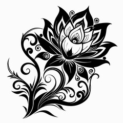 ornamental floral design, black and white illustration, swirling patterns, elegant curves, abstract flowers, mandala design, vintage style, minimalist artwork