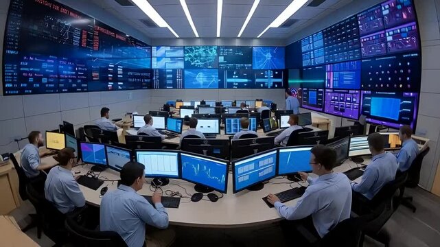 A team of IT support specialists and software developers collaborates in the monitoring control room, using digital screens to oversee server data, blockchain network updates, and surveillance maps.
