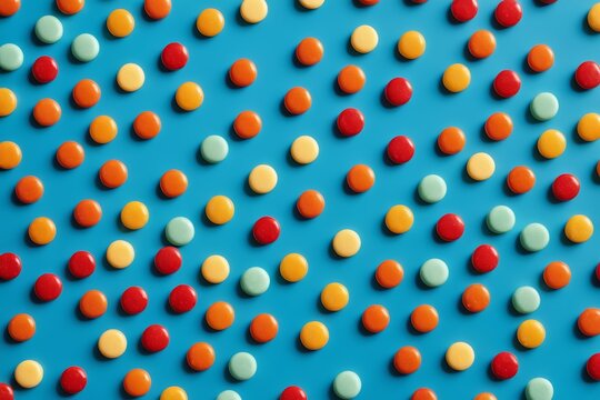 a close up of a blue surface with many different colored candis