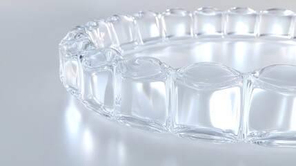A close-up of a transparent glass ring with a smooth, reflective surface.
