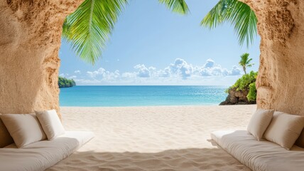 Tranquil tropical beach getaway hideaway with cushioned lounges for ultimate relaxation and serenity.