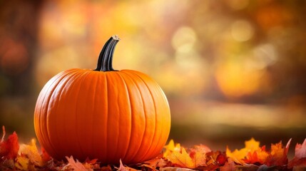 Naklejka premium A vibrant pumpkin stands out against a backdrop of colorful fall leaves.