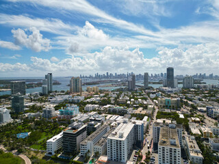 Fototapeta premium Miami South beach landscape aerial view. Big city. Aerial on Miami skyscraper. Aerial Miami south beach. Cityscape landscape in South Beach. Florida panorama. Skyscraper architecture of Miami