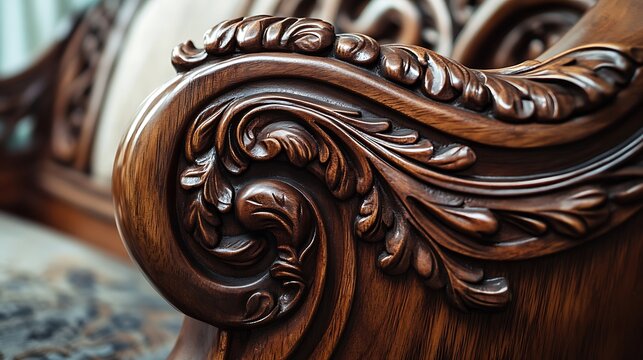 A wooden chair with a carved design on the back