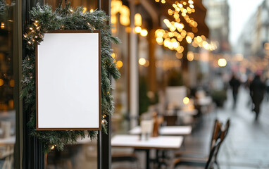 festive blank poster frame adorned with greenery, set in cozy street scene filled with warm lights and outdoor seating