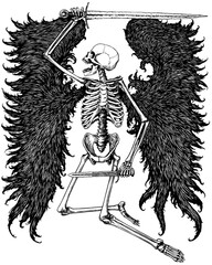 Black and white vector illustration of winged skeleton with sword and dagger