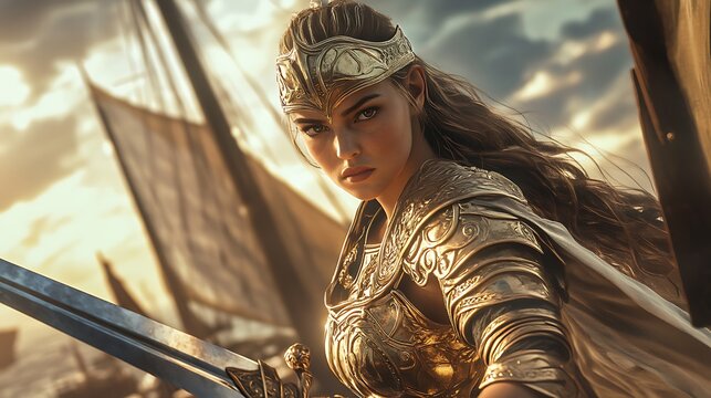 A beautiful valkyrie woman in golden shining armor