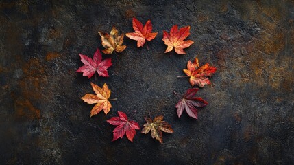 Vibrant autumn leaves arranged in a perfect circle on a dark textured background, creating a cozy seasonal vibe