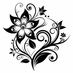 ornamental floral design, black and white illustration, swirling patterns, elegant curves, abstract flowers, mandala design, vintage style, minimalist artwork
