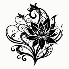 ornamental floral design, black and white illustration, swirling patterns, elegant curves, abstract flowers, mandala design, vintage style, minimalist artwork