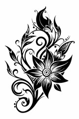ornamental floral design, black and white illustration, swirling patterns, elegant curves, abstract flowers, mandala design, vintage style, minimalist artwork