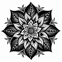 ornamental floral design, black and white illustration, swirling patterns, elegant curves, abstract flowers, mandala design, vintage style, minimalist artwork