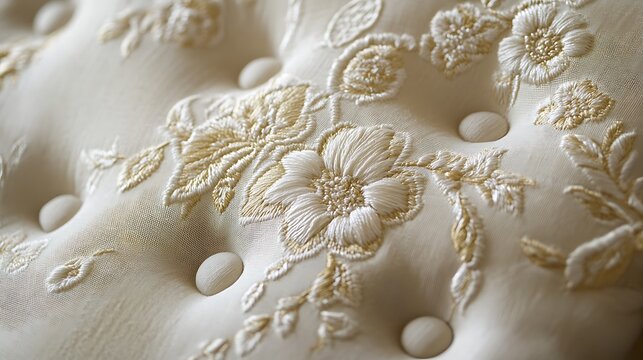 A close up of a white pillow with embroidered flowers