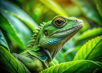 Fototapeta premium Vintage Green Crested Lizard Photography: Leafy Habitat, Reptile Portrait, Retro Style