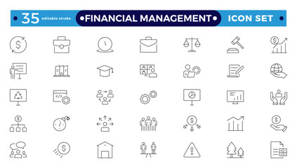 Financial Management outline icon set. Containing investor, mutual fund, asset, risk management, economy, financial gain, interest, Investment, Profit, Investor, risk.  Editable stroke outline icon.