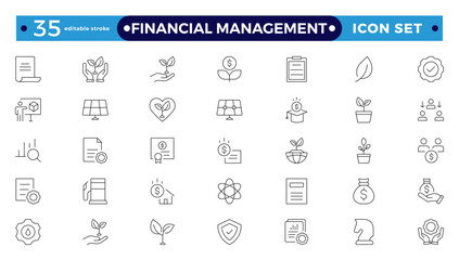 Financial Management outline icon set. Containing investor, mutual fund, asset, risk management, economy, financial gain, interest, Investment, Profit, Investor, risk.  Editable stroke outline icon.