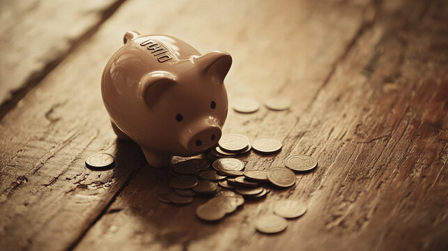 Broken piggy bank with coins scattered around, symbolizing financial struggle and the need for careful budgeting and saving.