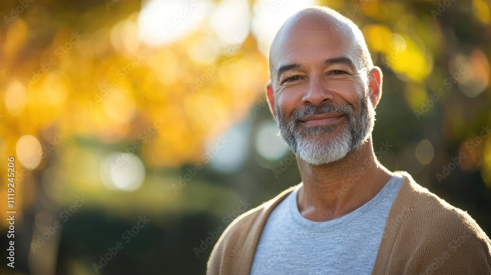 Poster man displaying a hopeful expression and optimistic demeanor while in a serene setting