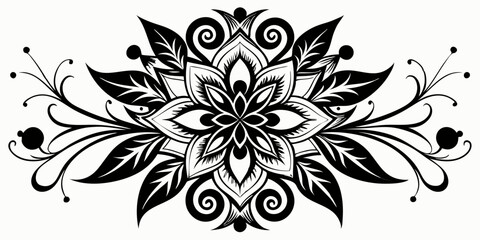 Fototapeta premium abstract floral design, black and white, symmetrical pattern, stylized flowers, elegant swirls, graphic elements, artistic motif, minimalist decor, botanical theme, modern illustration, mandala vector