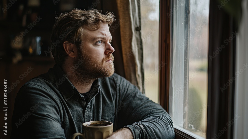 Aufkleber man thinking while gazing out of a window, contemplating life choices with a cup of coffee in hand
